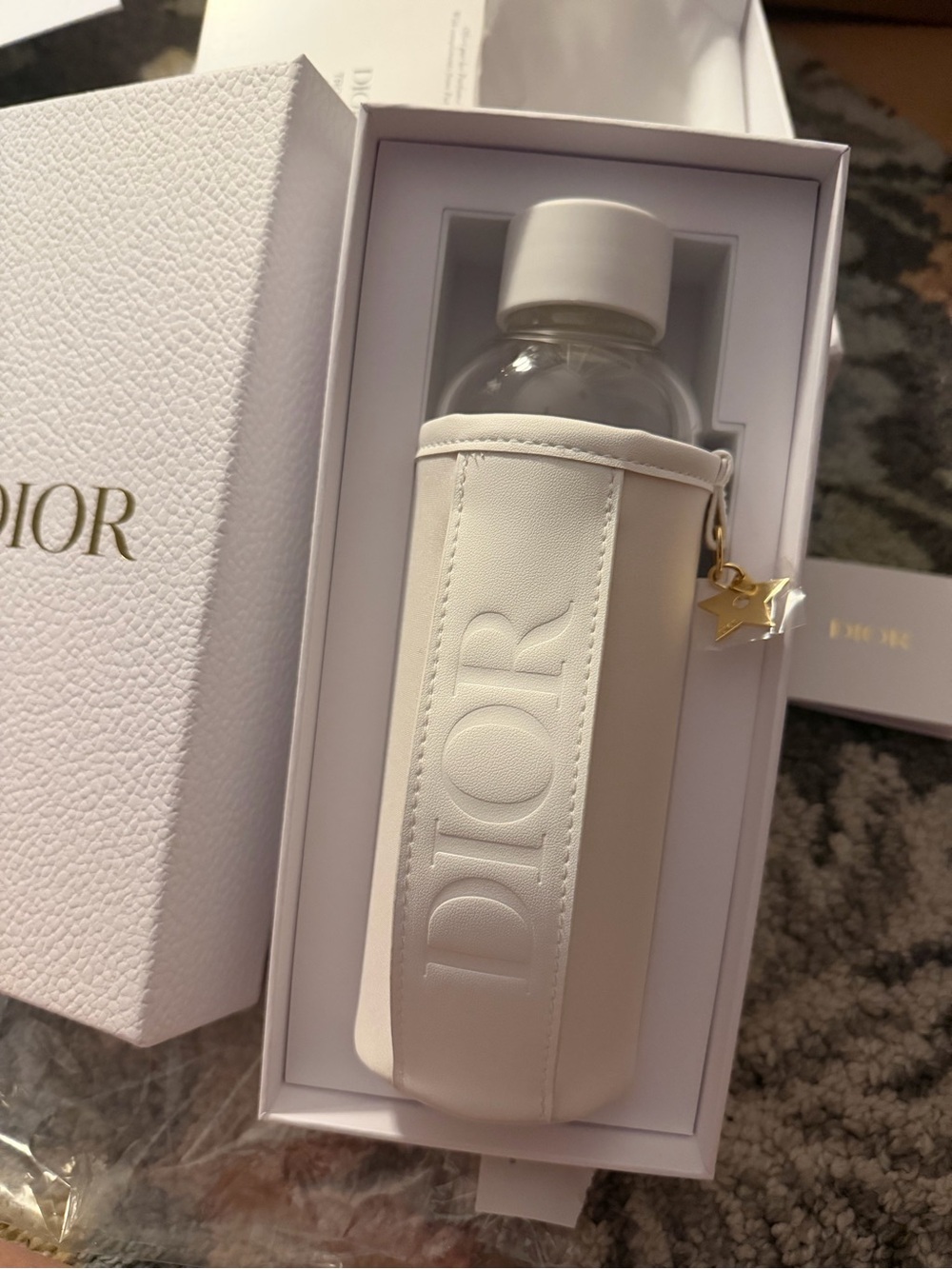 Dior White Bottle Carrier with glass bottle and Gold Star Charm 🌟 new
